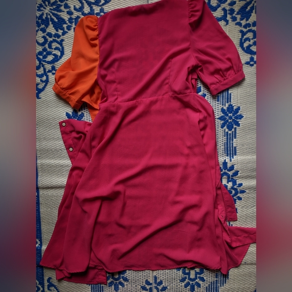 Hot Pink and Orange Colorblock Tie Front Dress with Flowy Button Up Skirt - Picture 7 of 9